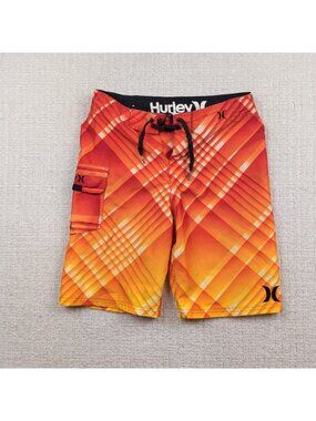 Y2K Hurley Board Swim Shorts Boys Size 12 Fire Red Paid Surfing Beach 2000's